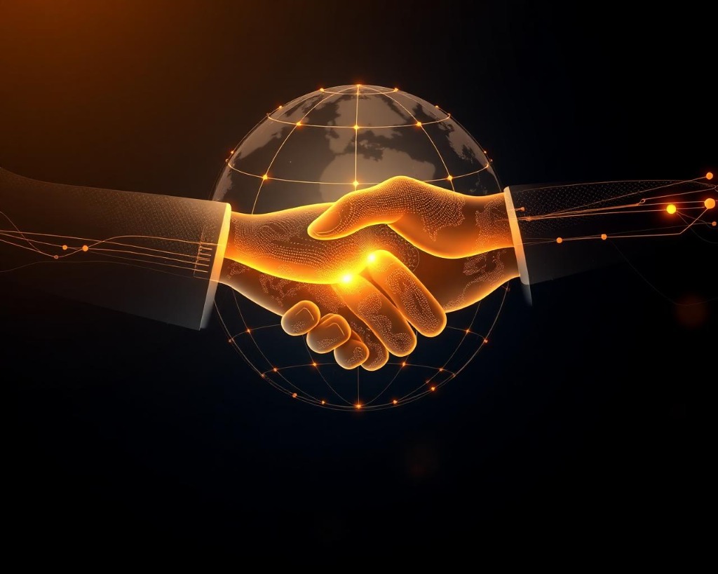 Futuristic neon globe network and handshake hologram